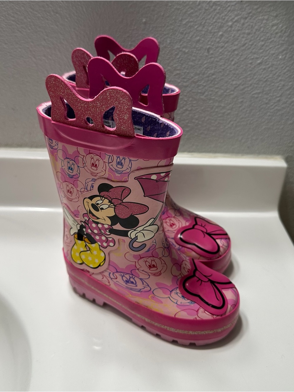 Disney Minnie Mouse Girls Rain Boots with Glitter Bow Handles